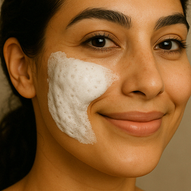 Gesicht von der Seite einer lächelnden natürlichen Frau mit Reinigungsschaum AHA auf der Wange