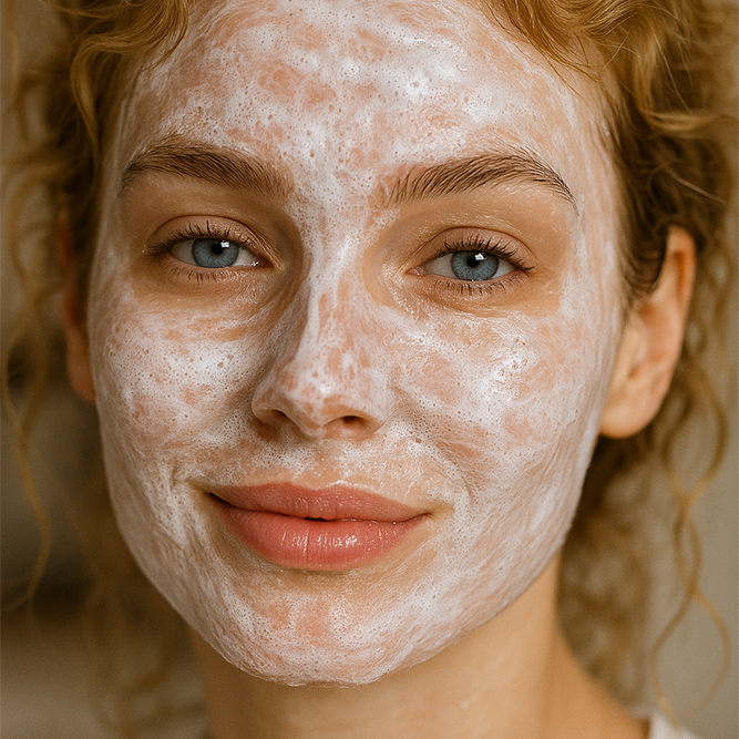 Aufgeschäumtes Enzym Peel Powder im Gesicht einer Frau