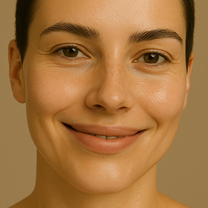 Gesicht einer natürlichen Frau mit gepflegter Haut durch das Feuerfunke Elementra Serum für den Sommer