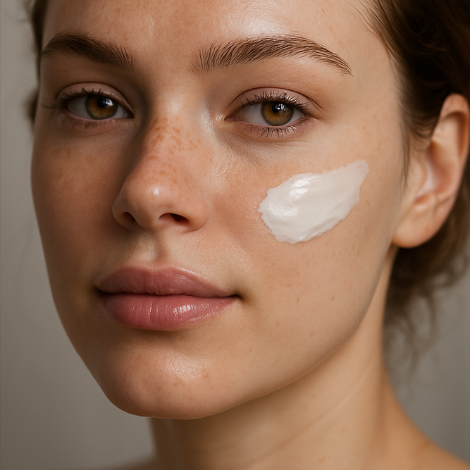 Gesicht einer natürlichen Frau mit Máni Mondgott Nachtcreme auf der Wange