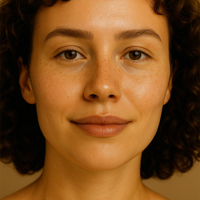 Gesicht einer natürlichen Frau mit gepflegter Haut durch das Muttererde Serum für den Spätsommer