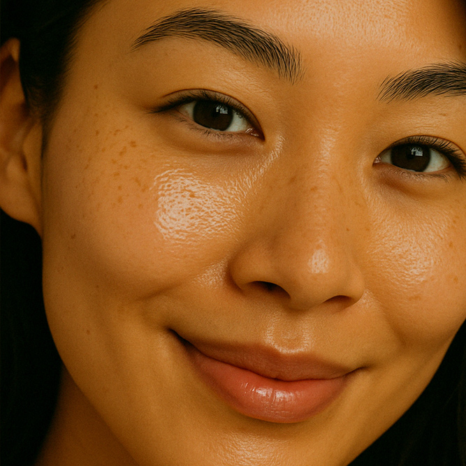 Gesicht einer natürlichen lächelnden Frau mit No Pickel Roll-On Serum auf der Haut