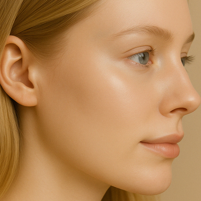 Gesicht von der Seite einer natürlichen Frau mit reiner Haut durch das pH-Manager Gesichtswasser