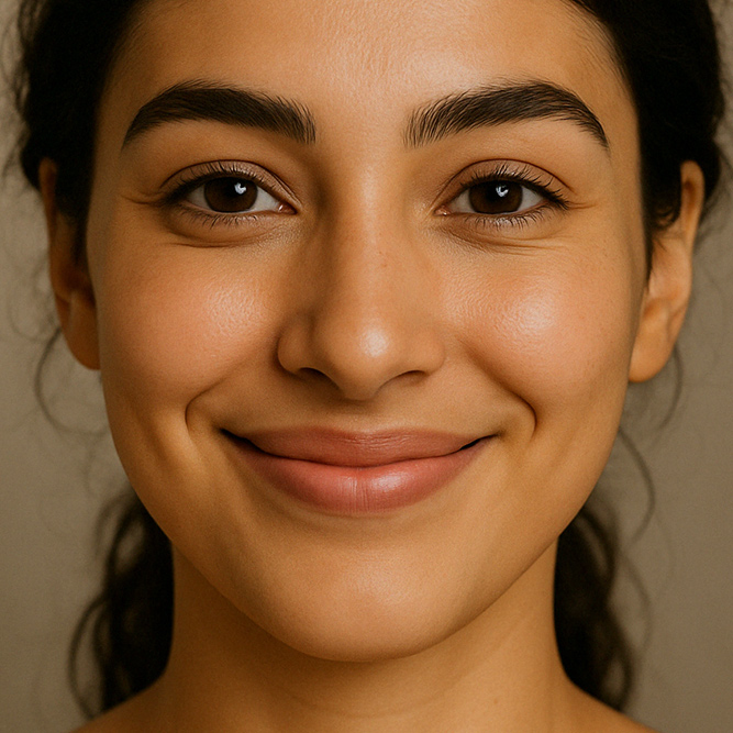 Gesicht einer lächelnden natürlichen Frau mit gereinigter Haut durch den Reinigungsschaum AHA