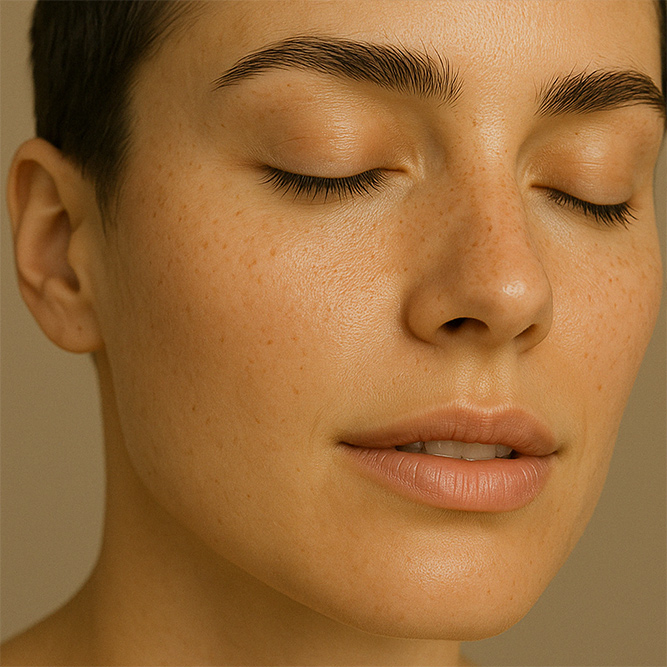 Gesicht einer Frau mit gepflegter Haut durch das Feuerfunke Serum für den Sommer