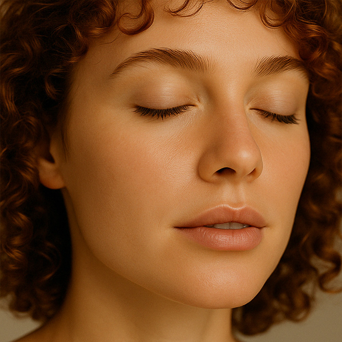 Gesicht einer Frau mit gepflegter Haut durch das Muttererde Serum für den Spätsommer