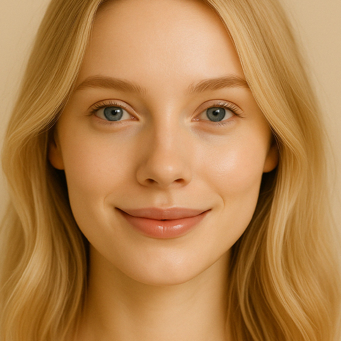 Gesicht einer lächelnden natürlichen Frau mit reiner Haut durch das pH-Manager Gesichtswasser