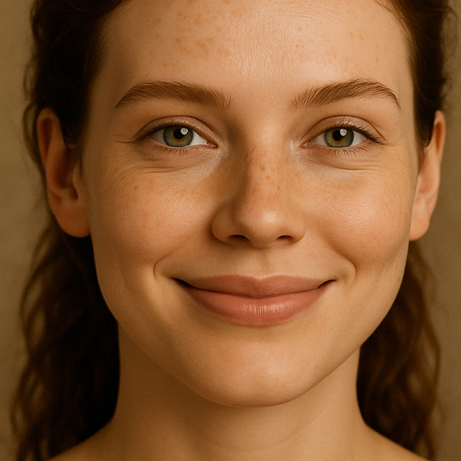 Gesicht einer lächelnden natürlichen Frau mit gepflegter Haut durch die Tagescreme mit SPF30