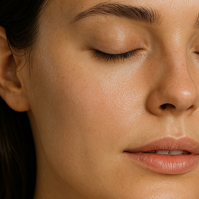 Gesicht einer natürlichen Frau im Anschnitt mit gepflegter Haut durch das Wassernixe Elementra Serum für den Winter