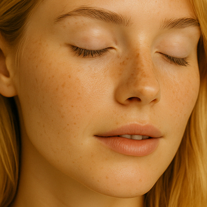 Gesicht einer natürlichen Frau mit gepflegter Haut durch das Windspiel Serum für den Herbst