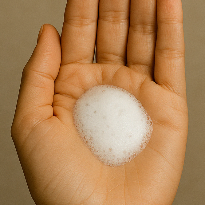 Schaumtextur des Reinigungsschaums AHA in Handinnenfläche