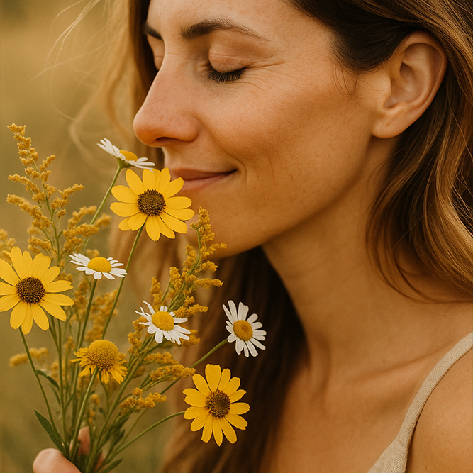 Frau im Seitenprofil die mit geschlossenen Augen und leichtem Lächeln an verschiedenen Blumen in ihrer Hand riecht