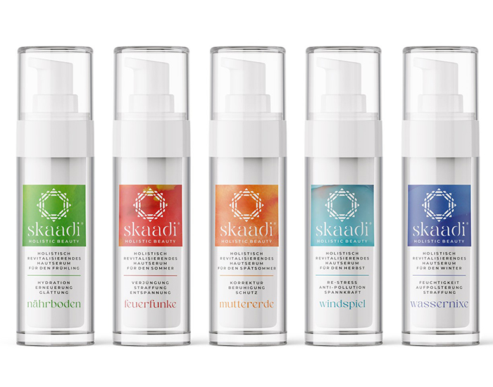 Alle 5 skaadi® Elementra Seren als Bundle nebeneinander aufgereiht auf weißem Hintergrund