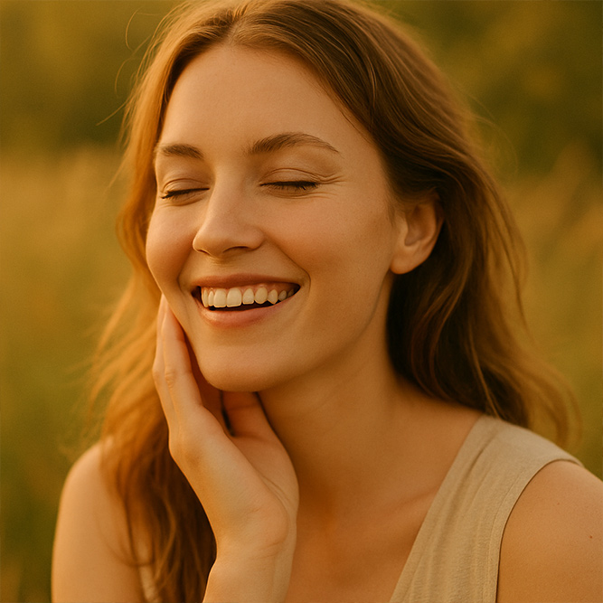 Lachende Frau mit geschlossenen Augen, die ihre rechte Hand leicht an ihre Wange hält