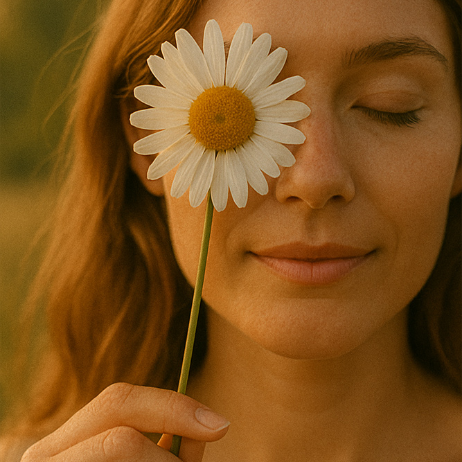 Frau mit geschlossenen Augen die eine weiße Blume vor ihr rechtes Auge hält