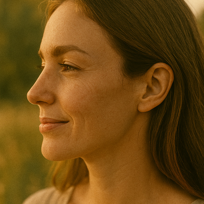 Zufrieden lächelnde Frau von der Seite mit Natur im Hintergrund