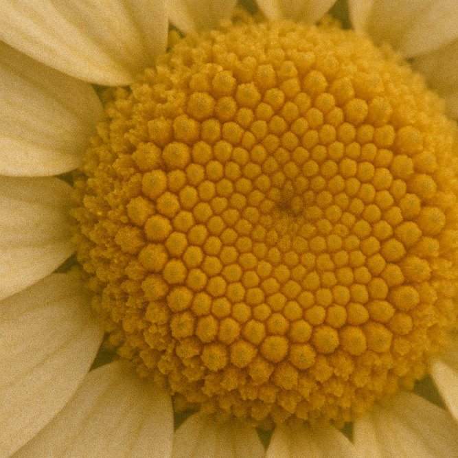 Nahaufnahme einer gelben Blumennarbe mit weißen Blütenblättern im Anschnitt
